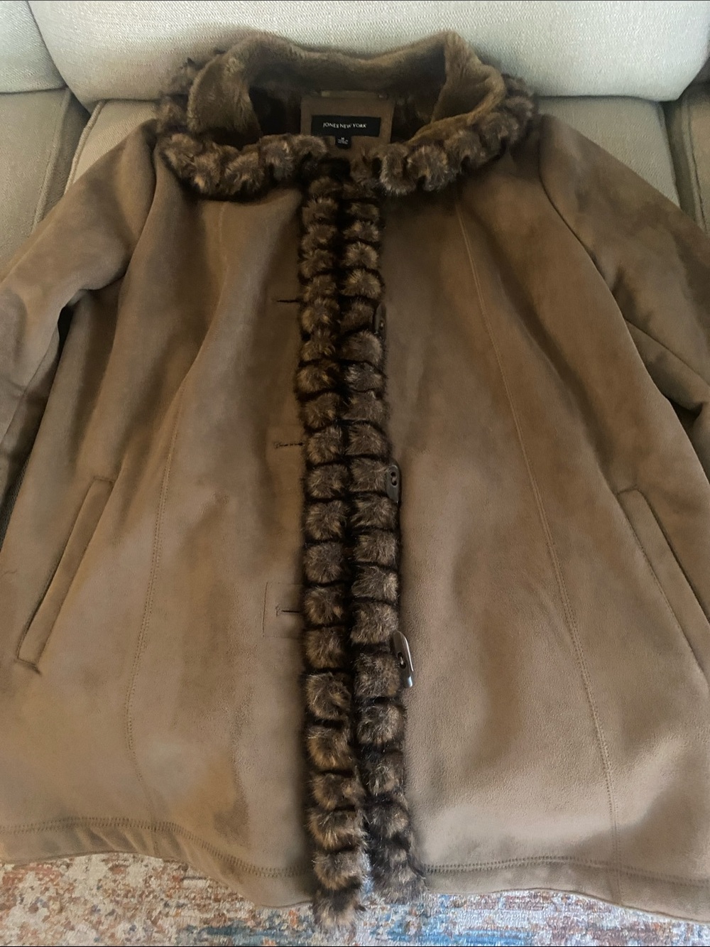 Jones New York Brown Faux-Fur Trim Trench Coat - M